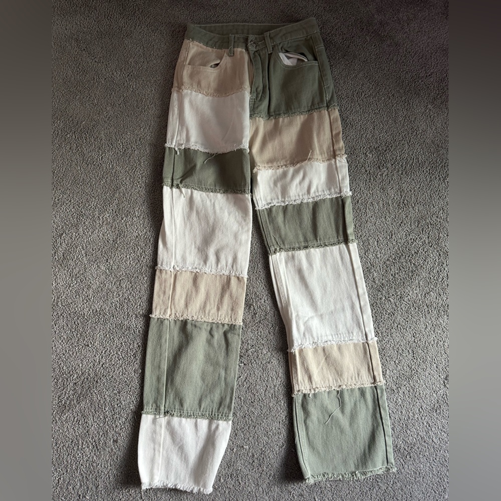 Green, Cream and white jeans